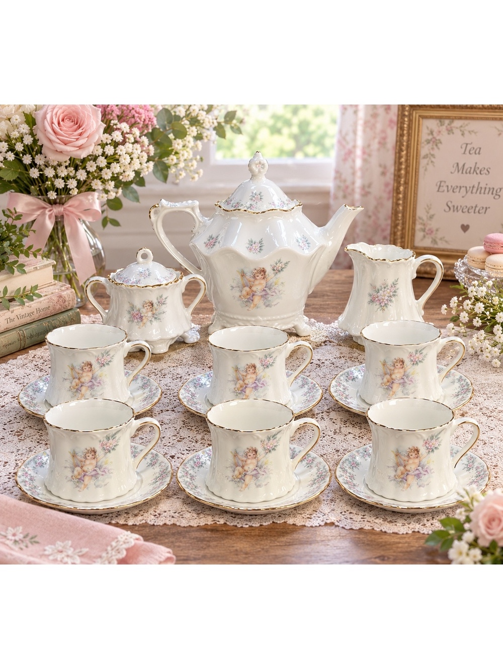 Touch of Cajun Cherub Floral Tea Set 6 Cups Saucers Teapot Sugar Bowl Creamer